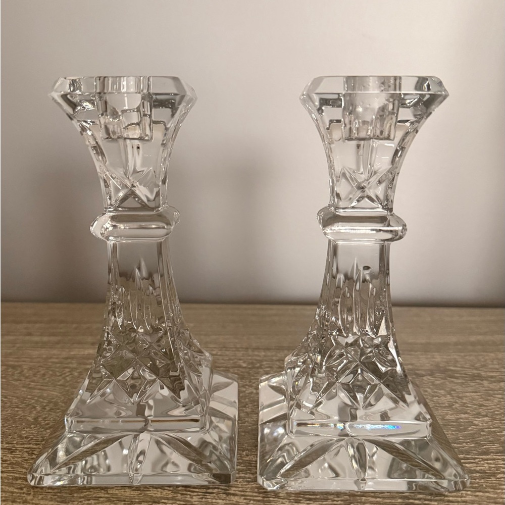 Waterford Crystal White Candlestick Holders with Intricate Cut Design